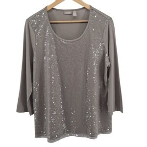 Chico's Women's Top Size 2‎ Gray Embellished 3/4 Sleeve Scoop Neck Blouse